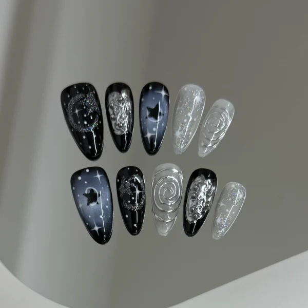 10pcs Handmade Press on Nails Y2k Starry Night Sky Almond Fake Nail Tips Detachable Wearable Sweet Cool False Nails for Girls - Image 1