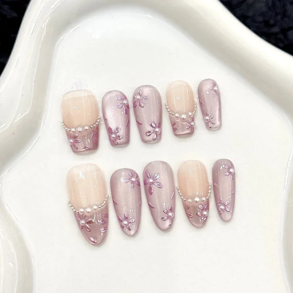 10pcs Handmade Purple Cat Eye Press on Nails Summer Flowers Pearl Design Fake Nails Wearable Detachable Glitter False Nail Tips - Image 1