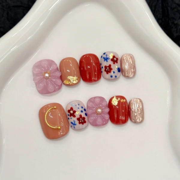 10pcs Handmade Short Press on Nails Color 3D Flower Design Fake Nails for Women Girl Wearable Sweet Cute Korean False Nail Tips - Image 1