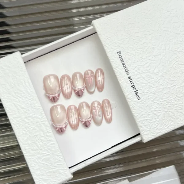 10pcs Handmade Sweet Bow Press on Nails Glass Bead Cat Eyes Design INS Korean Fake Nails Wearable French Almond False Nails - Image 1