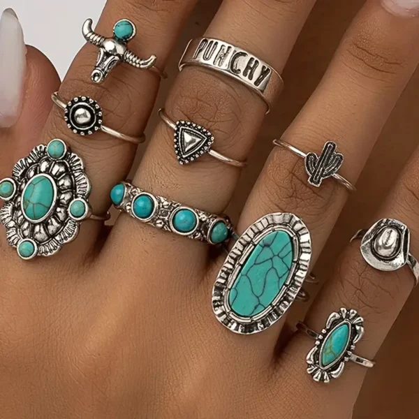 10pcs Trendy Western Style Rings Set for Women Men Vintage Turquoise Bull Head Lotus Sun Design Ring Daily Outfits Jewelry Gifts 10pcs Trendy Western Style Rings Set for Women Men Vintage Turquoise Bull Head Lotus Sun Design Ring Daily Outfits Jewelry Gifts - Image 1