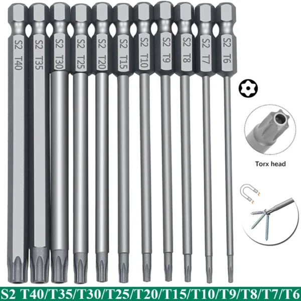 11 PCS Torx Security Bit Set S2 Steel Magnetic Security Screwdriver Set 50/100mm Star Screwdriver Set for Shark Vacuum T6-T40 - Image 1