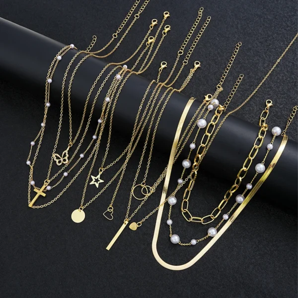 11 Pcs Simple Pearl Choker Necklaces Set for Women Fashion Layered Chain Star Cross Heart Pendant Charms Necklace Jewelry Gifts - Image 1