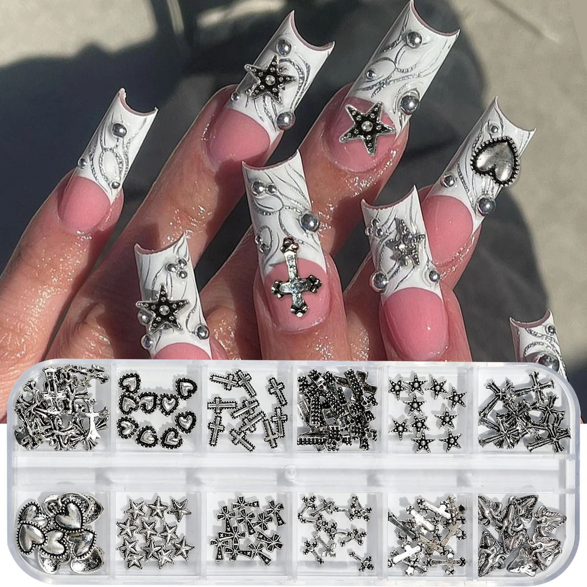 1/3Boxed 12 Grids Vintage Cross Shaped Zinc Alloy Jewelry Nails Supplies Heart&Star Shaped Metal y2k Nail Art Decoration 1/3Boxed 12 Grids Vintage Cross Shaped Zinc Alloy Jewelry Nails Supplies Heart&Star Shaped Metal y2k Nail Art Decoration - Image 1