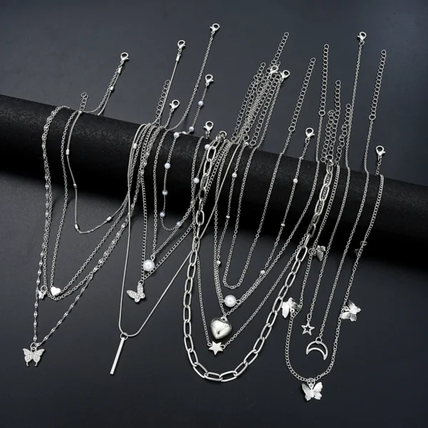 13Pcs/Set Simple Temperament Necklace Set Butterfly Pearl Heart Star Zircon Silver Color Necklace for Women Fashion Jewelry Gift - Image 1