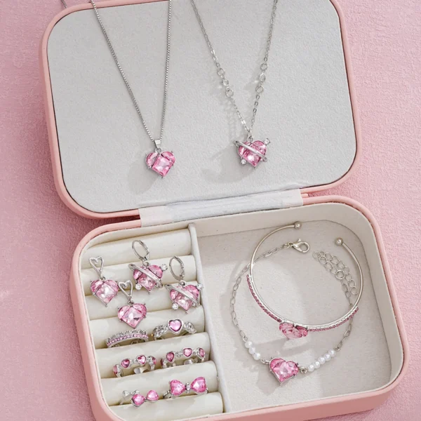 14 PCS Pink Craystal Heart Pendants Necklace Earrings Ring Bracelet Sets For Women Girl Fashion Jewelry Set Wedding Jewelry Gift - Image 1