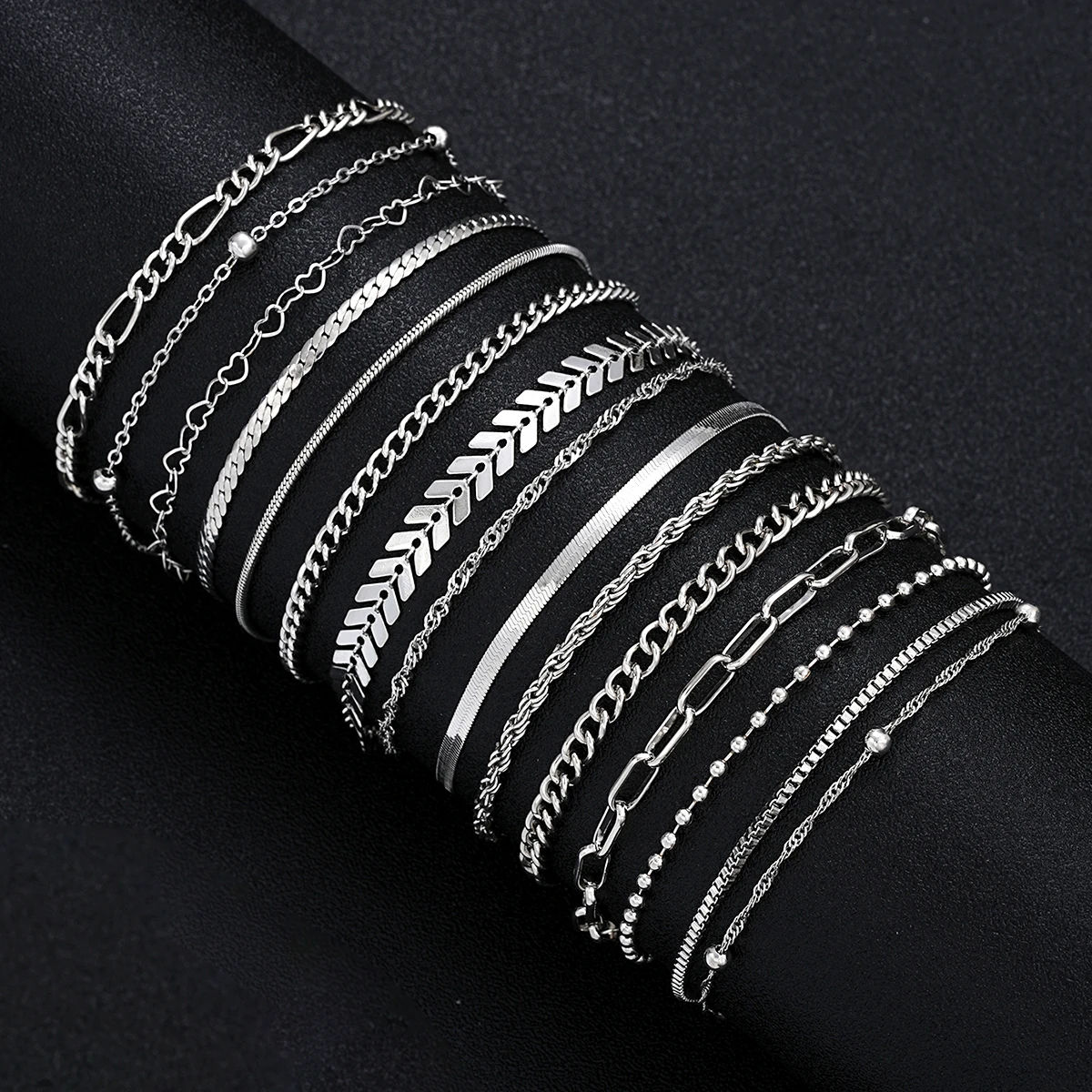 15 Pcs/Set Dainty Silver Color Metal Bracelet Set For Women Boho Retro Thick Twist Cuban Chain Bracelet Party Trendy Jewelry New 15 Pcs/Set Dainty Silver Color Metal Bracelet Set For Women Boho Retro Thick Twist Cuban Chain Bracelet Party Trendy Jewelry New - Image 1