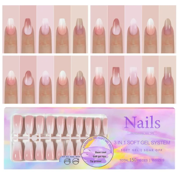 150Pcs Gradient Nude Color Almond Wearable Fake Nail Tips Press On Acrylic Nails Removable Wearing Reusable Full Cover Nail Tips - Image 1