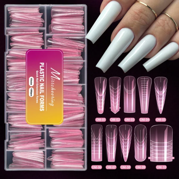 150pcs Pink French Plastic Nail Dual Forms Square Stiletto Nail Extension Molds Quick Building Mould For Manicure DIY Nail Suppl - Image 1