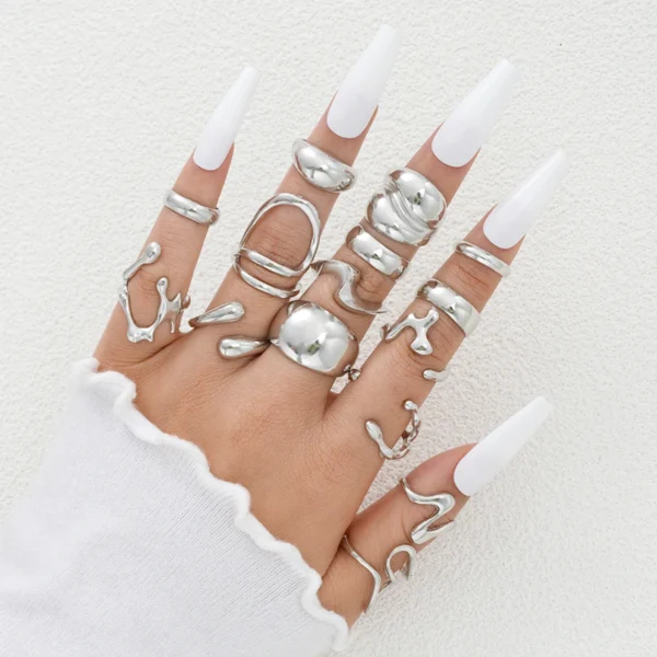 15Pcs Punk Smooth Geometric Open Rings Set For Women Exaggerated Irregular Silver Color Thick Chunky Ring Hip Hop Jewelry Gifts - Image 1