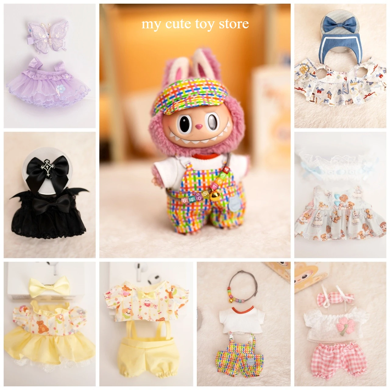 17cm Labubu Baby Coat Colorful Bubble Gum Checkered Overalls Labubu Doll Plush Toy Doll Costume Baby Coat 17cm Labubu Baby Coat Colorful Bubble Gum Checkered Overalls Labubu Doll Plush Toy Doll Costume Baby Coat - Image 1