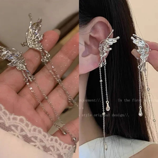1Pair Elegant Elf Butterfly Long Tassel Clip Earrings for Women Wed Bridal Retro Kpop No Piercing Earbone Ear Cuff Jewelry Gift - Image 1