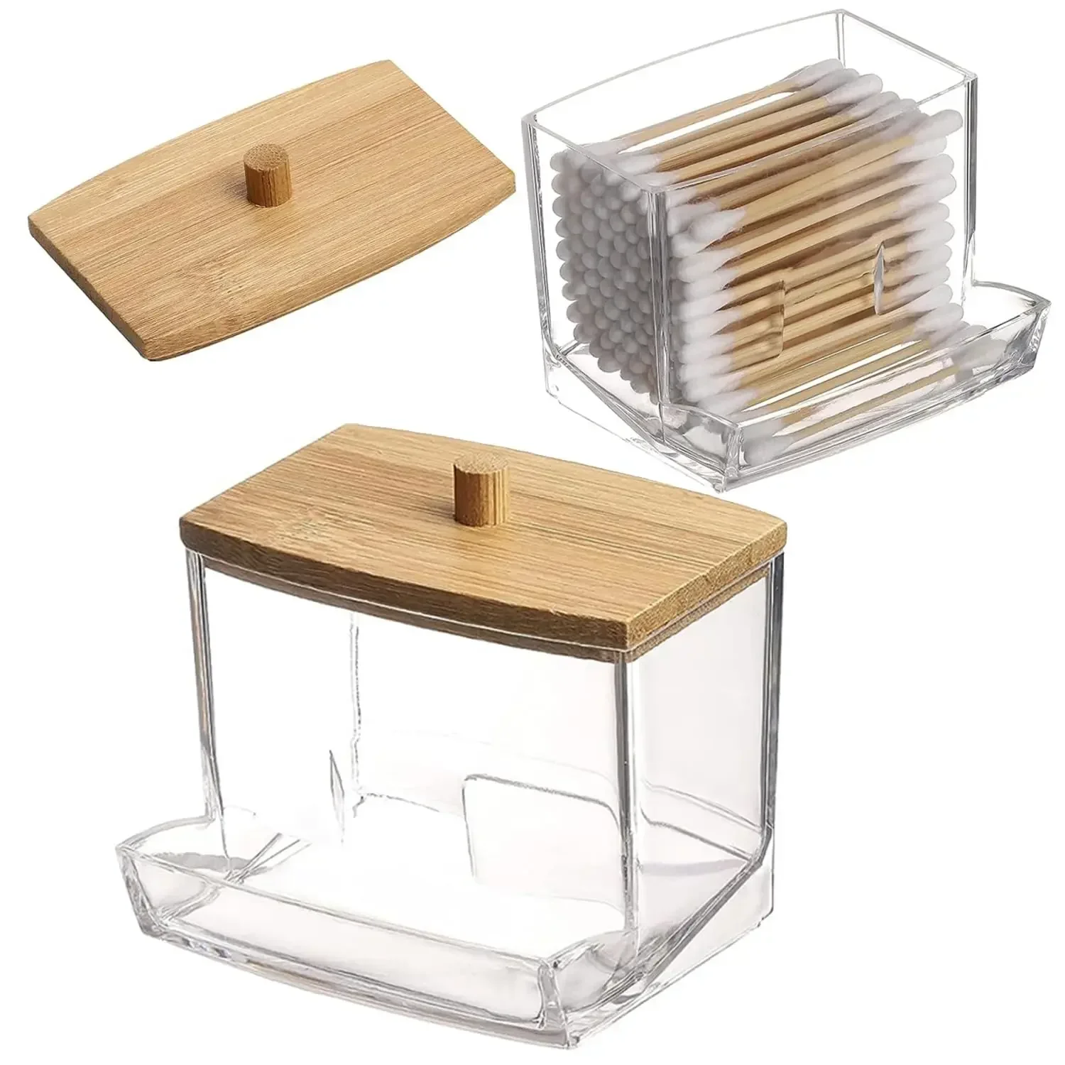 1Pcs Cotton Swab Holder, Cotton Swab Dispenser with Bamboo Lids,Bamboo Bathroom Storage Jars Storage Containers Clear Plastic 1Pcs Cotton Swab Holder, Cotton Swab Dispenser with Bamboo Lids,Bamboo Bathroom Storage Jars Storage Containers Clear Plastic - Image 1