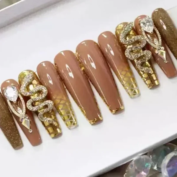 24Pcs Long Coffin False Nails with Glue Wearable Brown Fake Nails with Rhinestones Ballet Press on Nails Full Cover Nail Tips - Image 1