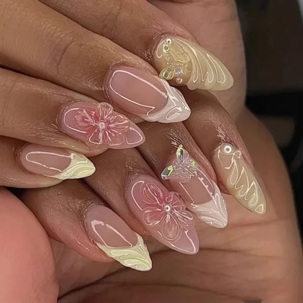 24Pcs Mid-length 3D Flowers Design Fingertips Sweet Butterfly Yellow Ripple Almond False Nails Detachable Full Cover Press Ons 24Pcs Mid-length 3D Flowers Design Fingertips Sweet Butterfly Yellow Ripple Almond False Nails Detachable Full Cover Press Ons - Image 1