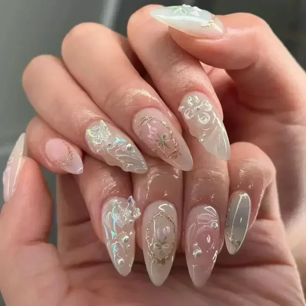 24Pcs Pink Almond False Nails Butterfly Ballet with French Design Wearable Fake Nails Simple Artificial Press on Nails Tips Art 24Pcs Pink Almond False Nails Butterfly Ballet with French Design Wearable Fake Nails Simple Artificial Press on Nails Tips Art - Image 1