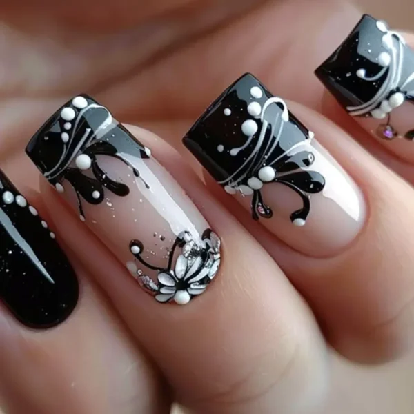24Pcs Short Square Sweet Cool False Nails Black Flower Wearable French Nails Press on Detachable Autumn Winter Acrylic Nail Tips 24Pcs Short Square Sweet Cool False Nails Black Flower Wearable French Nails Press on Detachable Autumn Winter Acrylic Nail Tips - Image 1