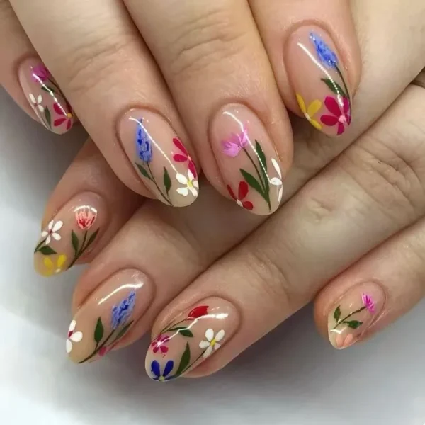 24Pcs Simple Almond Nails Tips Fresh Colorful Flower Design False Nails Wearable Oval Fake Nail Short Full Cover Press on Nails - Image 1