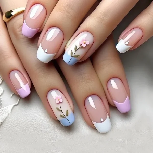 24Pcs Sweet Floral Short Square False Nails with Glue Solid Color Press on Acrylic Nails Simple French Full Cover Fake Nail Tips - Image 2