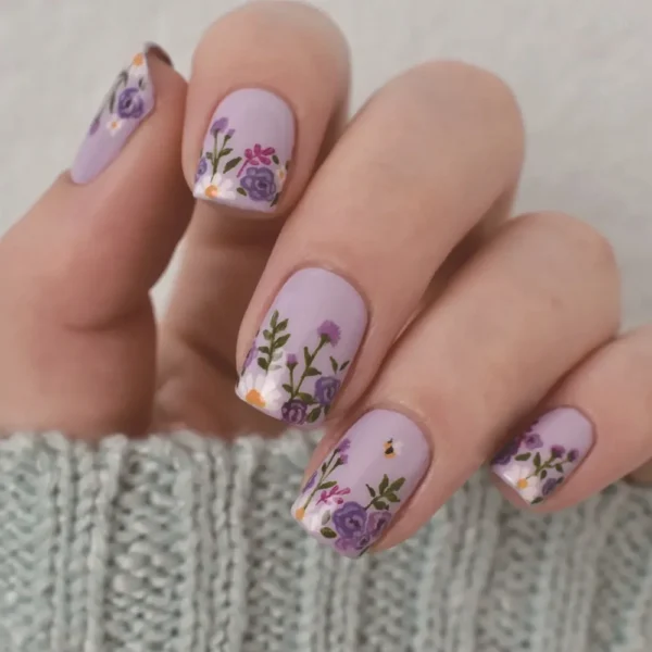 24Pcs Sweet Floral Short Square False Nails with Glue Solid Color Press on Acrylic Nails Simple French Full Cover Fake Nail Tips - Image 3