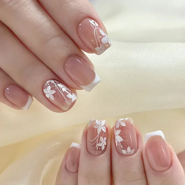 24Pcs Sweet Floral Short Square False Nails with Glue Solid Color Press on Acrylic Nails Simple French Full Cover Fake Nail Tips - Image 4
