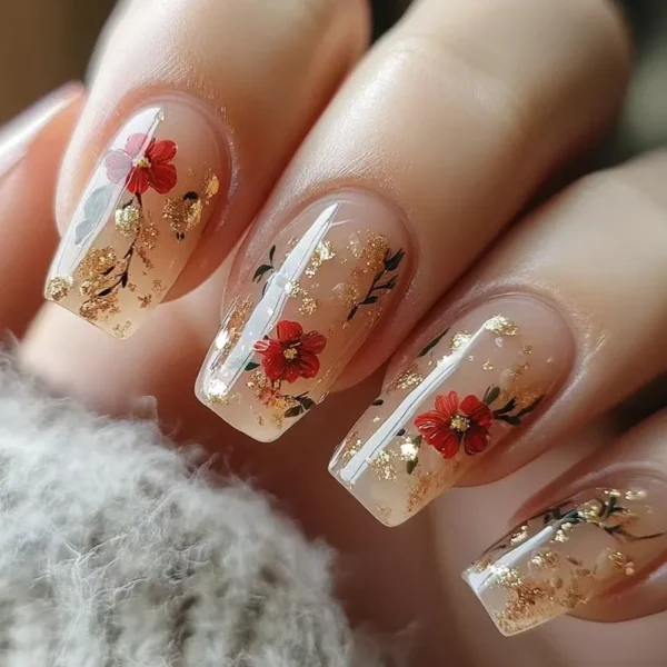 24Pcs Sweet Floral Short Square False Nails with Glue Solid Color Press on Acrylic Nails Simple French Full Cover Fake Nail Tips - Image 5