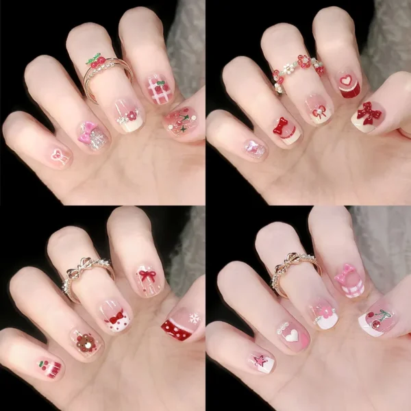24pcs Bowknots Love Heart Pattern Press On Nails Cute Fresh Short Round French Style False Nails Korean Sweet Wearable Fake Nail 24pcs Bowknots Love Heart Pattern Press On Nails Cute Fresh Short Round French Style False Nails Korean Sweet Wearable Fake Nail - Image 1