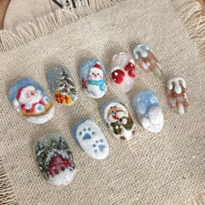 24pcs Cute Almond False Nails For Christmas Colorful Painted Xmas Tree Santa Claus Snowman Pattern Press On Nail Short Fake Nail