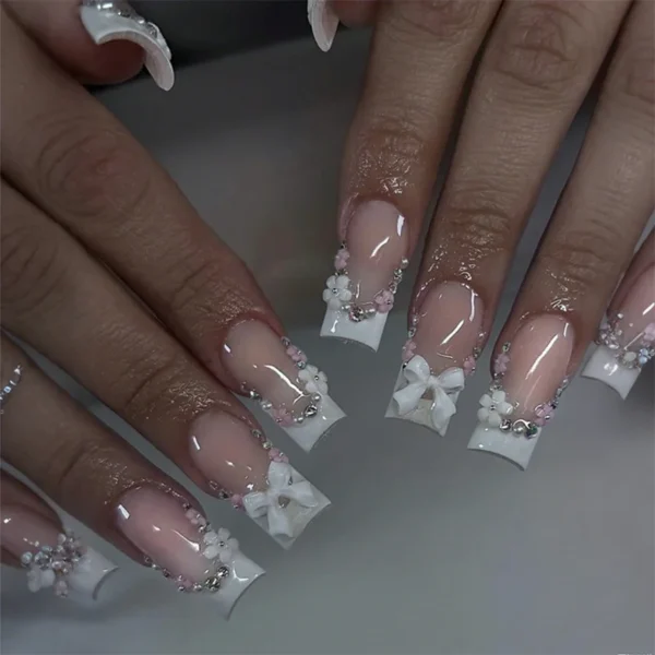 24pcs Diamond Designs Fake Nail Tips 3D Bowknot Decors Press On Nails White French Style Pink False Nails Wearable Manicure 24pcs Diamond Designs Fake Nail Tips 3D Bowknot Decors Press On Nails White French Style Pink False Nails Wearable Manicure - Image 1