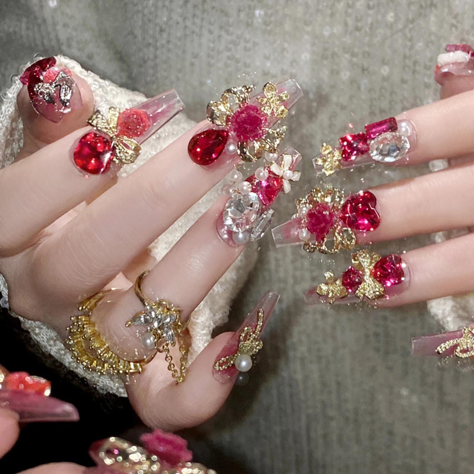 24pcs New Year Long Artificial Fake Nails Glossy Rose Pink 3D Flower Love Heart Bowknots Decor Press On Nails Charm False Nail 24pcs New Year Long Artificial Fake Nails Glossy Rose Pink 3D Flower Love Heart Bowknots Decor Press On Nails Charm False Nail - Image 1