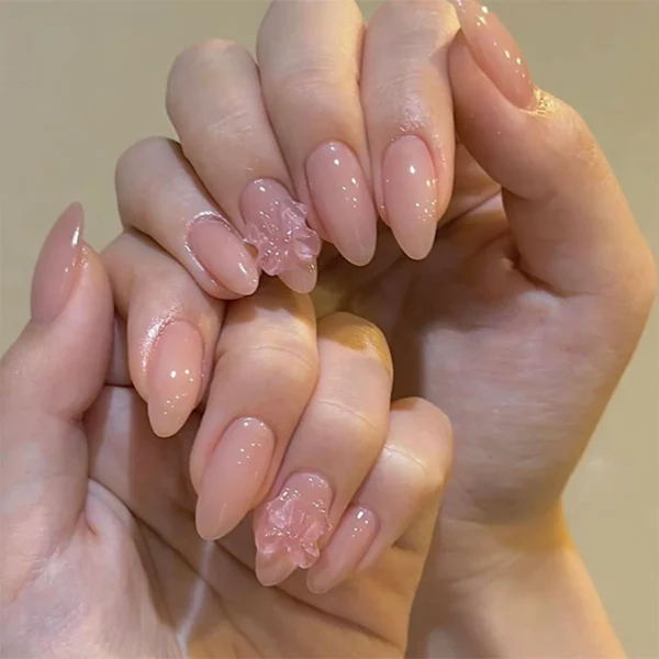 24pcs Nude Pink Almond False Nails Glossy Bowkots Decor Press On Nails Full Cover Short Round Sweet Korean Style Fake Nail Tips - Image 1