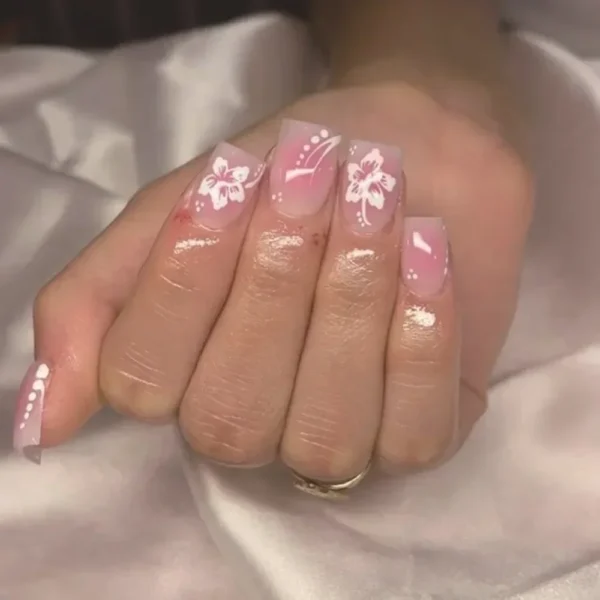 24pcs Pink Flower Fake Nail with Glue Cute White Artificial Nails Wearable Press on Acrylic Nails Square False Nails Press Ons 24pcs Pink Flower Fake Nail with Glue Cute White Artificial Nails Wearable Press on Acrylic Nails Square False Nails Press Ons - Image 1