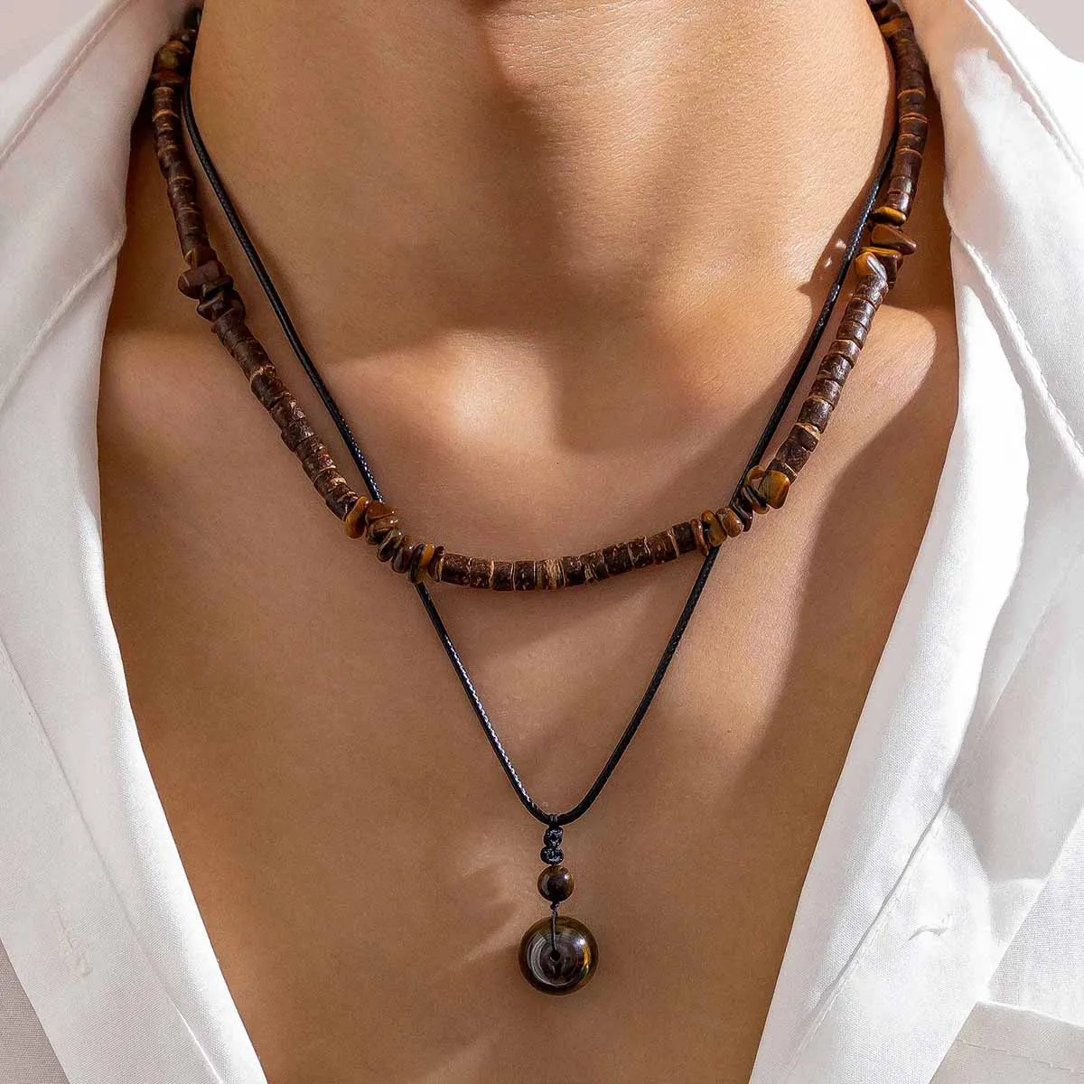 2Pcs/Set Bohemian Round Natural Stone Pendant Necklace for Men Vintage Ethnic Wood Bead Chokers Male Fashion Jewelry Accessories 2Pcs/Set Bohemian Round Natural Stone Pendant Necklace for Men Vintage Ethnic Wood Bead Chokers Male Fashion Jewelry Accessories - Image 1