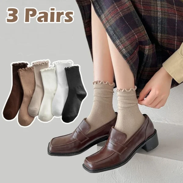 3 Pairs Autumn Winter High Value Black Mushroom Edge Mid-calf Women Socks Casual Elegant Solid Color Cotton Socks Kawii Socks - Image 1