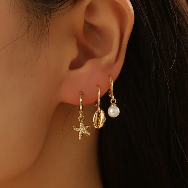 3 Pcs Boho Starfish Shell Hoop Earrings Set for Women Imitation Pearl Metal Geometric Earring Girl Beach Party Versatile Jewelry - Image 1