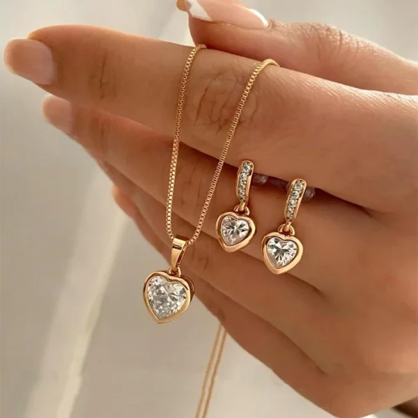 3 Pcs Heart Pendant Jewelry Set Of Earring Pendant Necklace For Women Exquisite Fashion Rhinestone Double Heart Jewelry Set Gift - Image 1