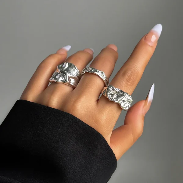 3 Pcs Punk Chunky Irregular Rings Set for Women Creative Geometric Adjustable Open Finger Rings Fashion Statement Jewelry Girls - Image 1