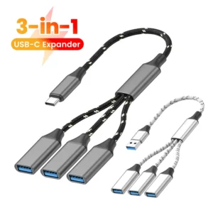 3 in 1 USB USB C Splitter Cable Expansion HUB Multi 3 USB Ports Expansion Converter for Car, Laptop,PC/Computer,Keyboard/Mouse