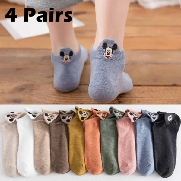 4 Pairs Disney Cartoon Women Socks Low Tube Boat Socks Cartoons Embroidery Mouse Funny Ankle Socks Cotton Low Cut Kawii Socks - Image 1