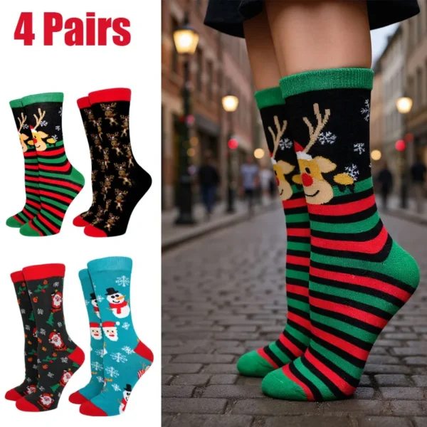 4 Pairs Winter Women Christmas Socks Santa Claus XMAS Long Men's Socks Elk Tide Socks Happy New Year Gift Funny Socks Size 36-44 - Image 1