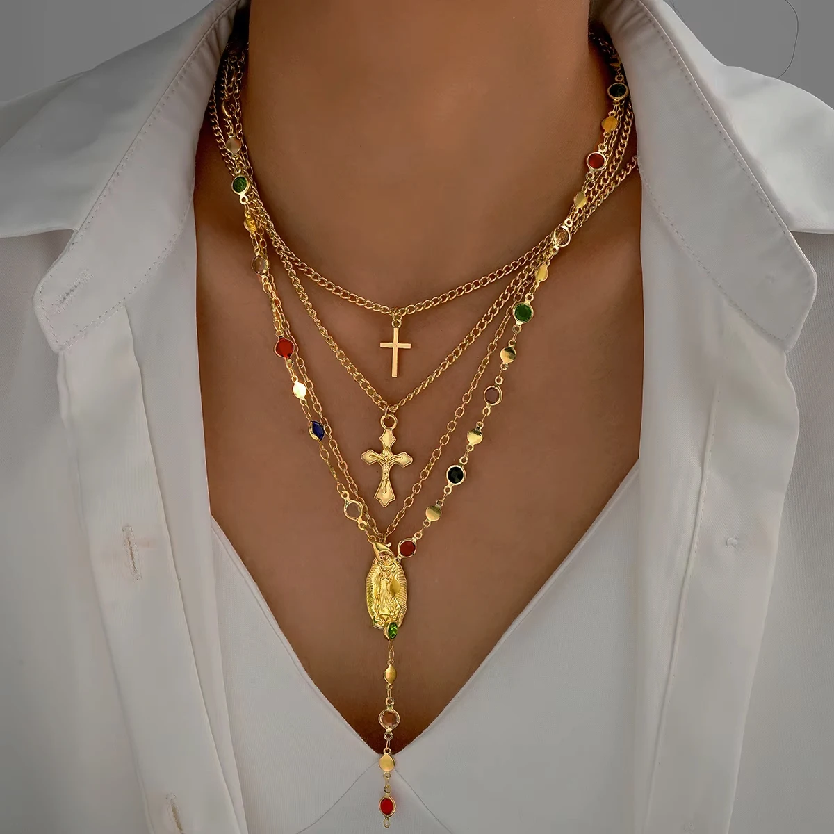 4Pcs/Set Cross Colorful Crystal Necklaces For Women Simple Gold Silver Color Y-Shaped Pendant Necklace Set New Christian Jewelry 4Pcs/Set Cross Colorful Crystal Necklaces For Women Simple Gold Silver Color Y-Shaped Pendant Necklace Set New Christian Jewelry - Image 1