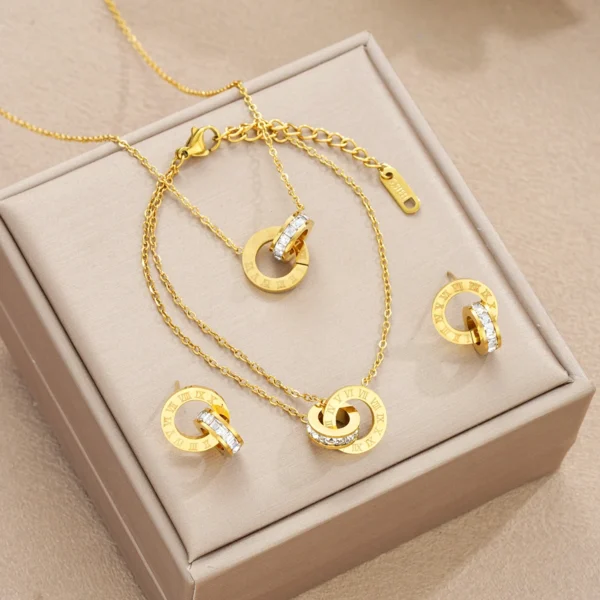 4Pcs/Set Gold Color Stainless Steel Crystal Necklace Bracelet Earrings for Women Interlocking Circles Roman Numbers Jewelry Sets - Image 1