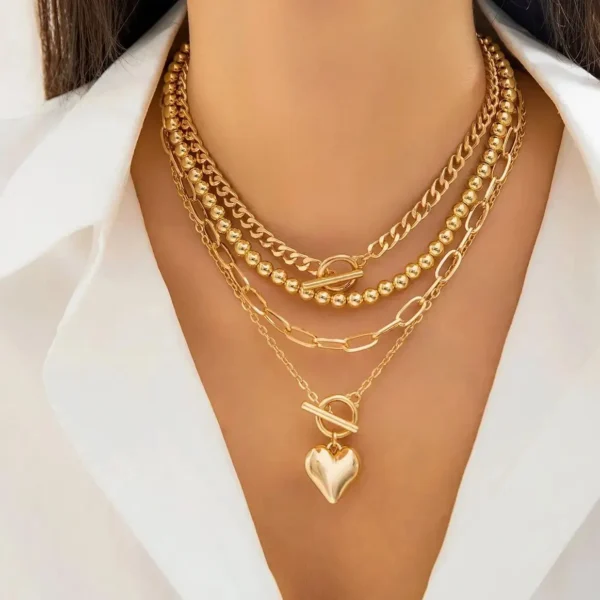 4Pcs/Set Punk Gold Color Heart Pendant Necklace for Women 2024 Trendy OT Buckle Beaded Neck Chain Choker Y2K Jewelry Accessories - Image 1
