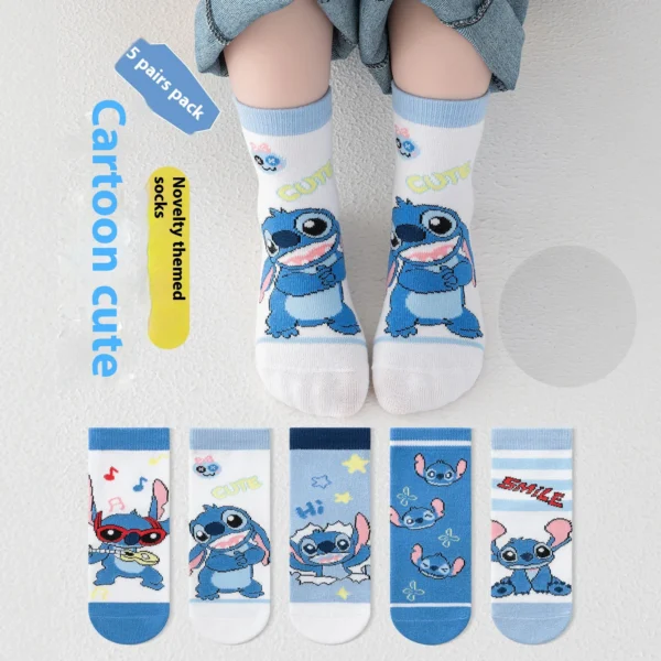 5 Pairs Cartoon Stitch Children Socks Boy's Socks Spring Autumn Middle Tube sock Cotton Cute Kids Socks Girl Sock Size 1-8 Years - Image 1