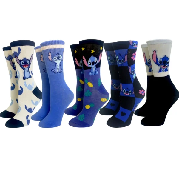 5 Pairs Cartoon Stitch Women socks cotton comfortable Anime socks crew socks Casual happy funny socks Size 35-40 - Image 1