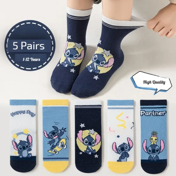 5 Pairs Children Socks Cartoon Stitch Boy's Socks Spring Autumn Middle Tube sock Cotton Cute Kids Socks Girl Sock Size 1-12 Year - Image 1