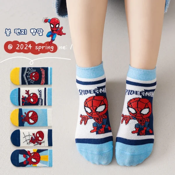 5 Pairs Children Socks Spider-Man Kids Boys Short Socks Iron Man Captain America Cartoon Baby Summer Spring Mesh Socks 1-12Y - Image 1