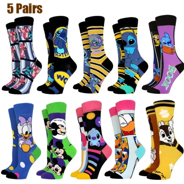5 Pairs Creative Cartoon Stitch Women Socks Funny Anime Donald Duck Long AB Style Socks Cute Cosplay Socks Girl Sock Size 36-42 - Image 1