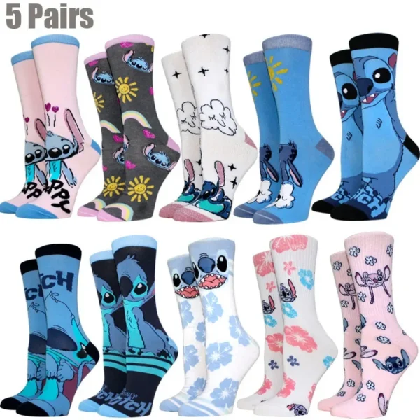 5 Pairs Creative Cartoon Stitch Women Socks Funny Anime Long Men Socks Cute Cosplay Socks Comfortable Sock Women Gift Size 36-44 - Image 1