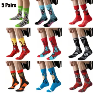 5 Pairs Marvel Socks Funny Men Socks Anime Spider Man Iron Man Venom Captain America Creative Women Long Skateboarding Socks